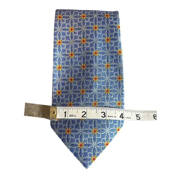 Hickey Freeman Blue Silk Tie With Geometric Yellow & Red Pattern Made In USA - Picture 7 of 7